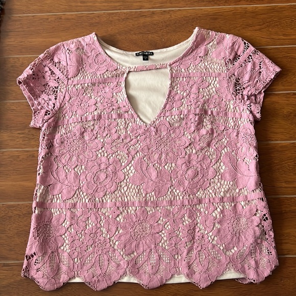 Express: Pink Lace cut out short sleeve T-shirt- nude underlay - Picture 2 of 7